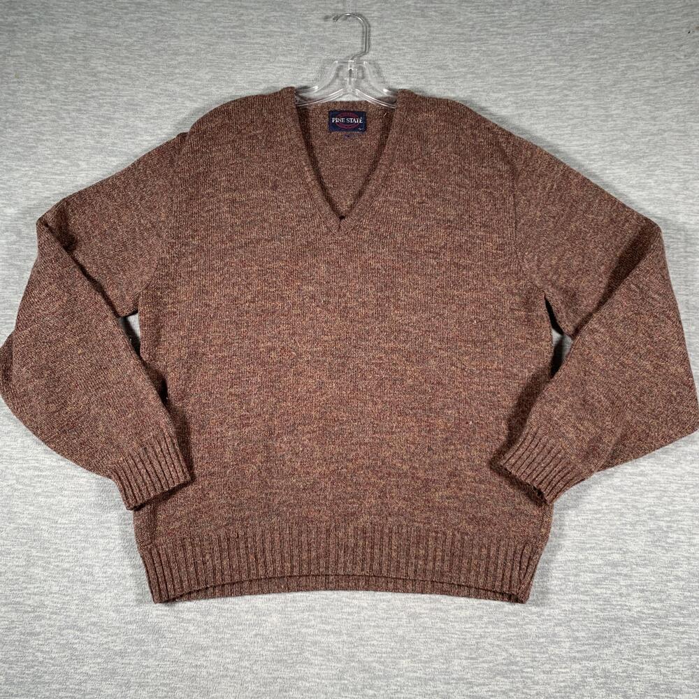 Pine State Sweater Mens Large Brown V Neck Wool Blend Knit Pullover Made USA